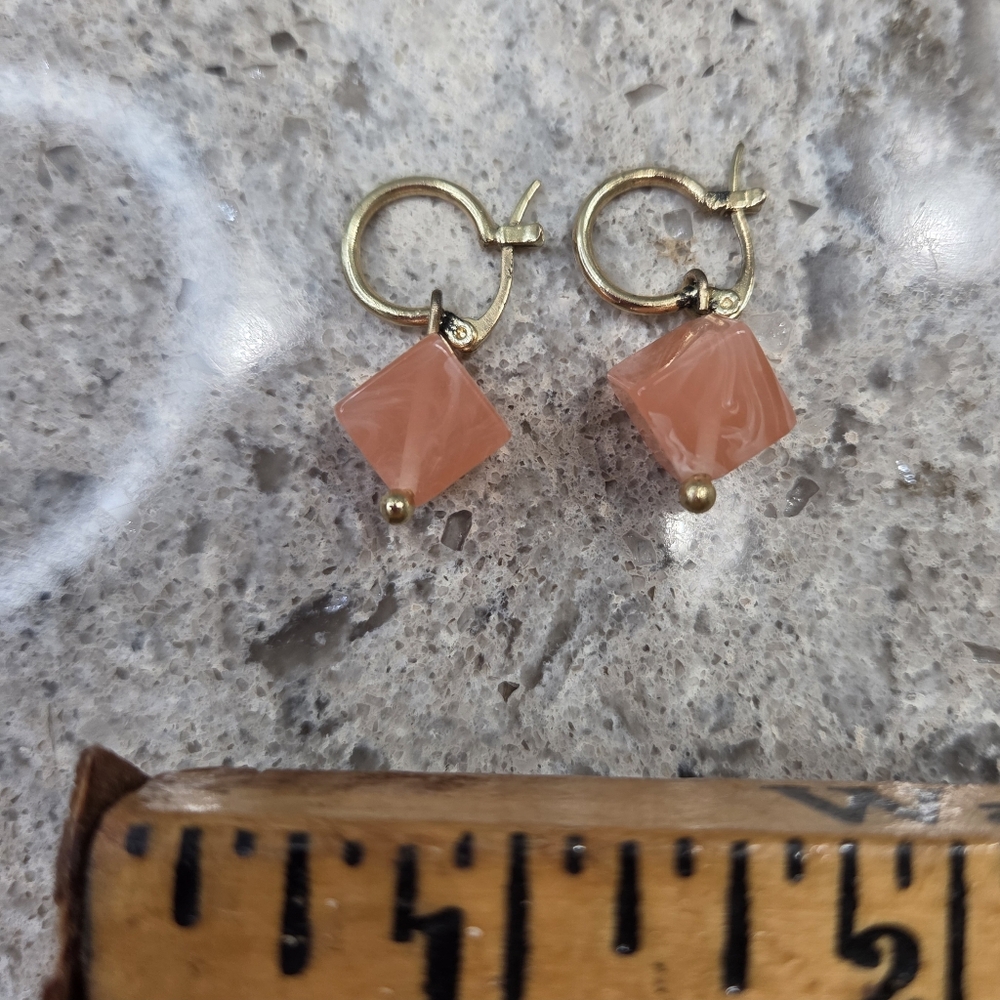 Gold and Orange Square Stone Coral Color Earrings Minimalist‎ Design - Picture 3 of 4